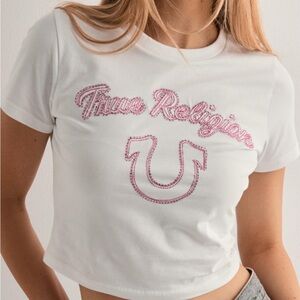 True Religion White Crop Tee with Pink Embroidered Logo